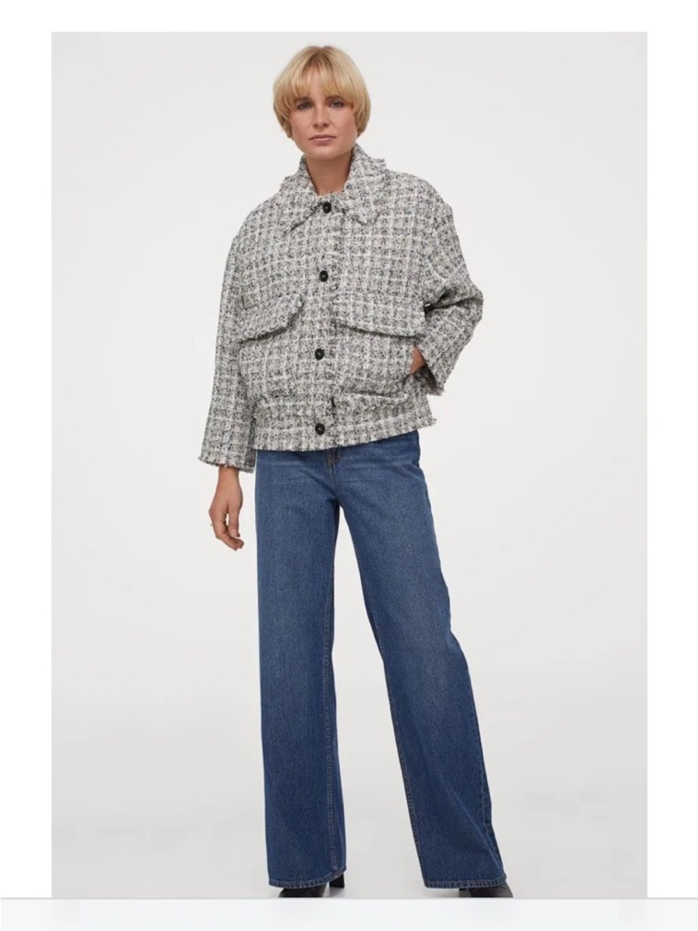 H&M Textured Gray Tweed Button Jacket Sz L
